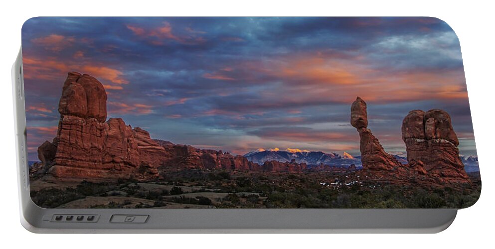 Balanced Rock Portable Battery Charger featuring the photograph The Sun Sets at Balanced Rock by Roman Kurywczak