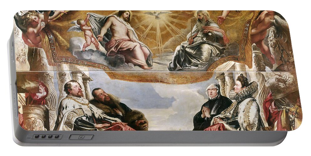 Peter Paul Rubens Portable Battery Charger featuring the painting The Trinity Adored By The Duke Of Mantua And His Family by Peter Paul Rubens