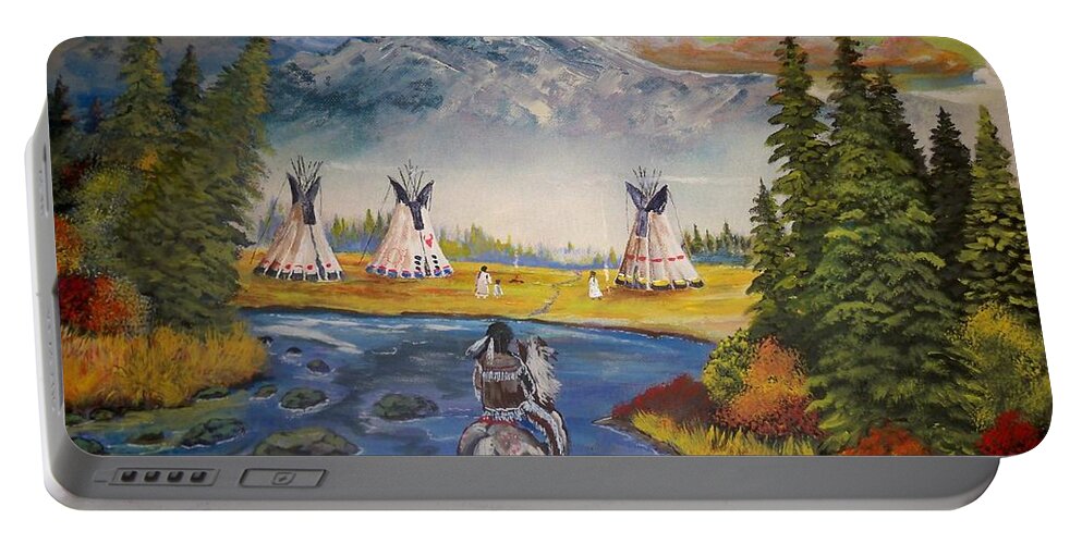 Indian Camp Portable Battery Charger featuring the painting The Village by Dave Farrow