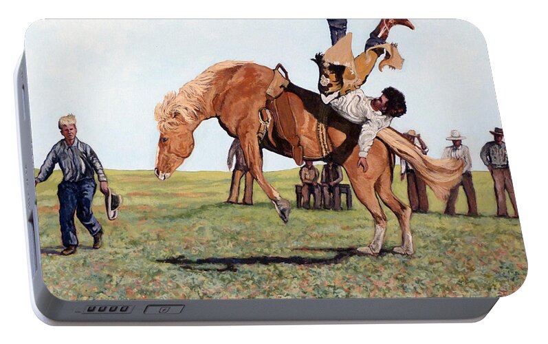 Bull Portable Battery Charger featuring the painting The Waiting Line by Tom Roderick