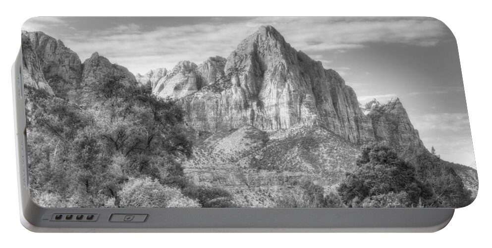 Mountainlandscapeblack And Whiteb&wzionnational Parkdesertrockmajestic Portable Battery Charger featuring the photograph The Watchman by Jeff Cook