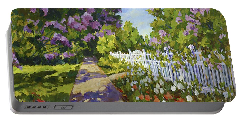 Tulips Portable Battery Charger featuring the painting The White Fence by Ingrid Dohm
