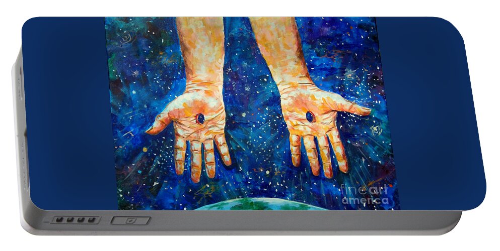 Hands Of Jesus Portable Battery Charger featuring the painting The whole world in His hands by Lou Ann Bagnall