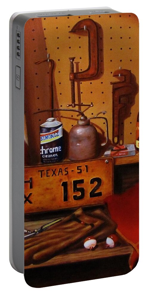 A Still Life Painting... Licenses Plate Portable Battery Charger featuring the painting The Workshop by Gene Gregory