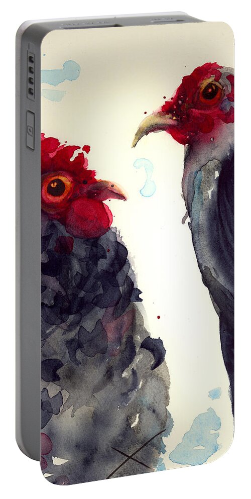 Chicken Watercolor Portable Battery Charger featuring the painting There's Been Some Talk . . . by Dawn Derman