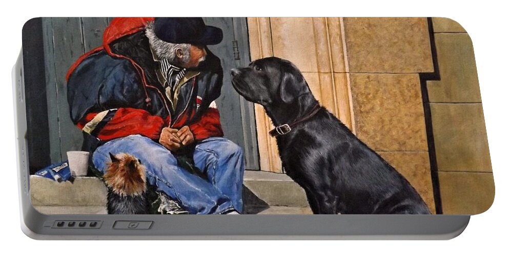Animal Portable Battery Charger featuring the painting Three Strays by Barry BLAKE