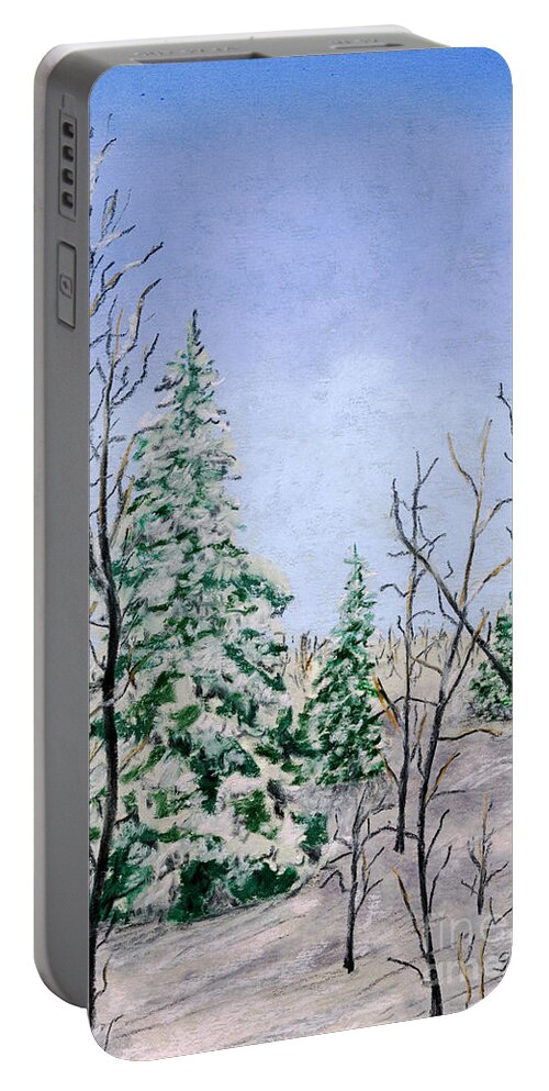 Winter Portable Battery Charger featuring the pastel Three Winter Evergreens by Ginny Neece