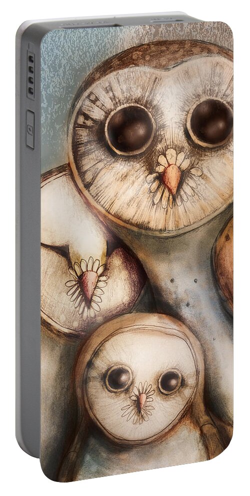 New Baby Portable Battery Charger featuring the painting Three Wise Owls by Karin Taylor