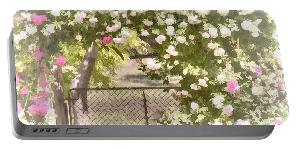 Roses Portable Battery Charger featuring the photograph Through the Rose Arbor by Elaine Teague