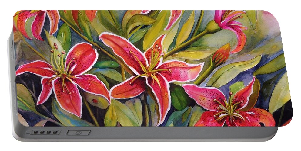 Tiger Lily Portable Battery Charger featuring the painting Tigers In My Garden by Jane Ricker