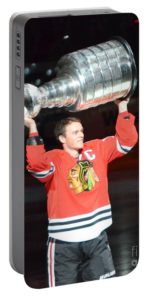 Blackhawks Portable Battery Charger featuring the photograph Toews Holds the Stanley Cup by Melissa Jacobsen