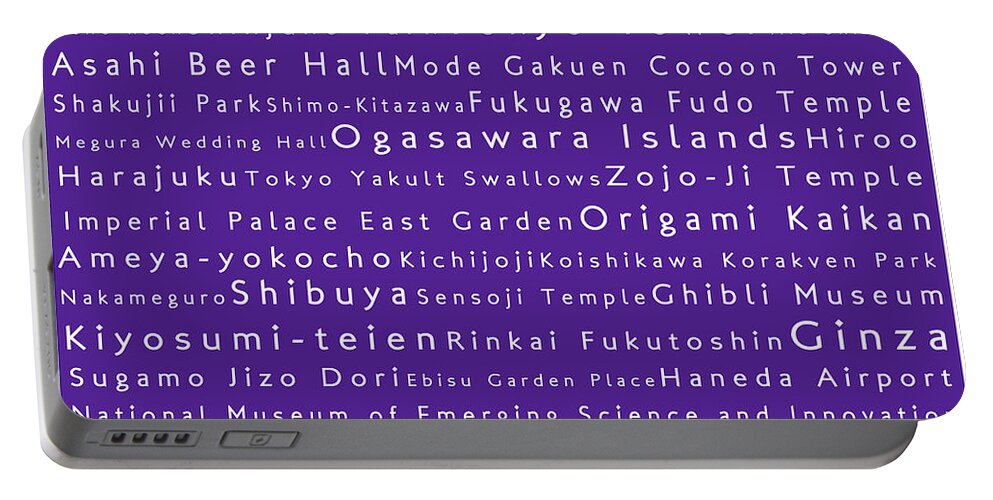 City Portable Battery Charger featuring the digital art Tokyo in Words Purple by Sabine Jacobs