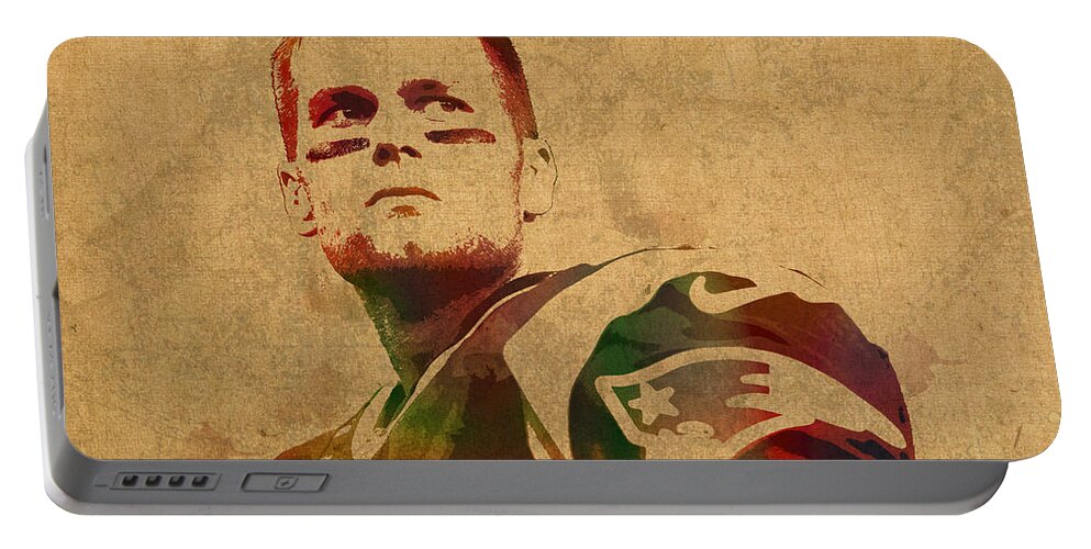 Tom Brady Portable Battery Charger featuring the mixed media Tom Brady New England Patriots Quarterback Watercolor Portrait on Distressed Worn Canvas by Design Turnpike