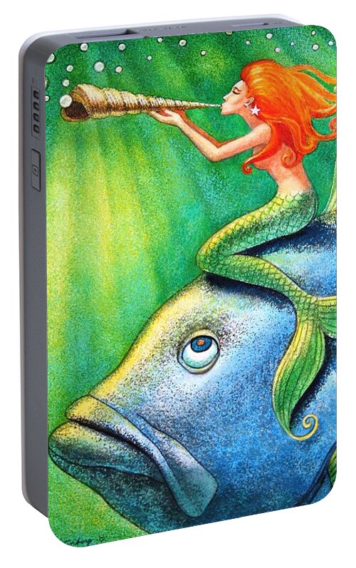 Mermaid Portable Battery Charger featuring the painting Toot Your Own Seashell Mermaid by Sue Halstenberg
