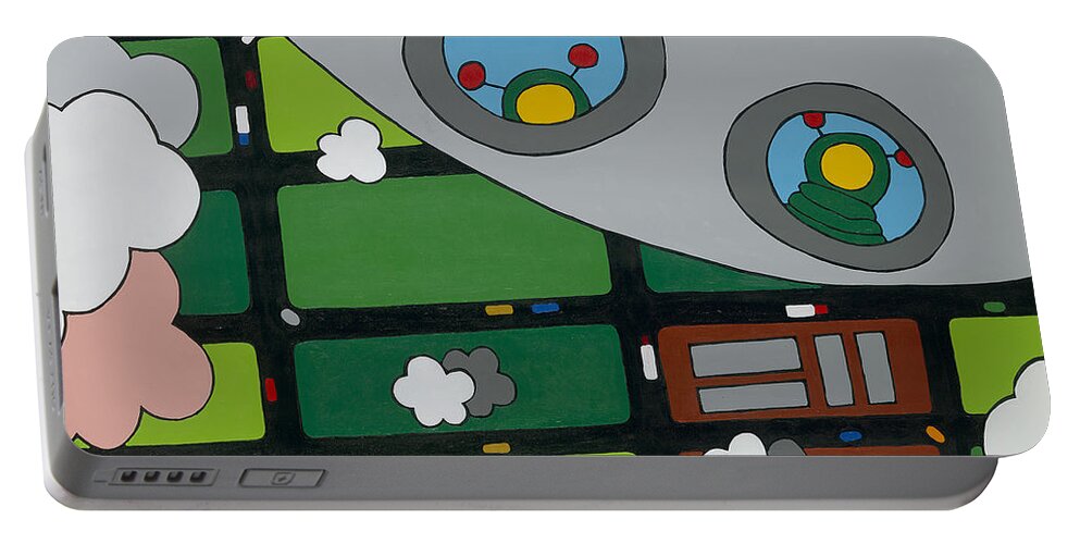 Spaceship Portable Battery Charger featuring the painting Tourists by Rojax Art