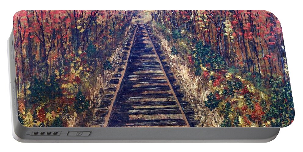 Railroad Tracks Portable Battery Charger featuring the painting Tracks Remembered by Cynthia Morgan
