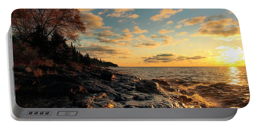 James Peterson Nature Photography North Shore Woods Lake Superior Great Lakes Landscape Landscapes Big Water Freshwater Dawn Morning Sun Sunshine Reflective Reflection Reflections Beautiful Stone Stones Rock Rocks Rocky Shore Shoreline Shorelines Orange Gold Golden Cloudy Cloud Clouds Weather Fall Autumn Color Colors Northern Mn Minnesota Sunrise Sunrises Tranquility Tranquil Peaceful Cascade River State Park Parks Lava Basalt Lodge Inland Sea Granite Geology Geological Gichigami Portable Battery Charger featuring the photograph Tranquility by James Peterson