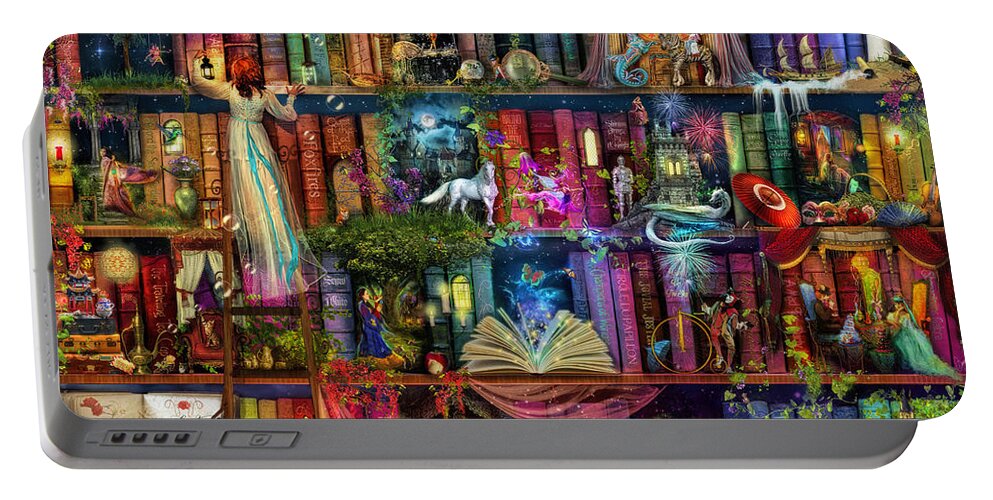 Fairytale Portable Battery Charger featuring the digital art Fairytale Treasure Hunt Book Shelf by MGL Meiklejohn Graphics Licensing