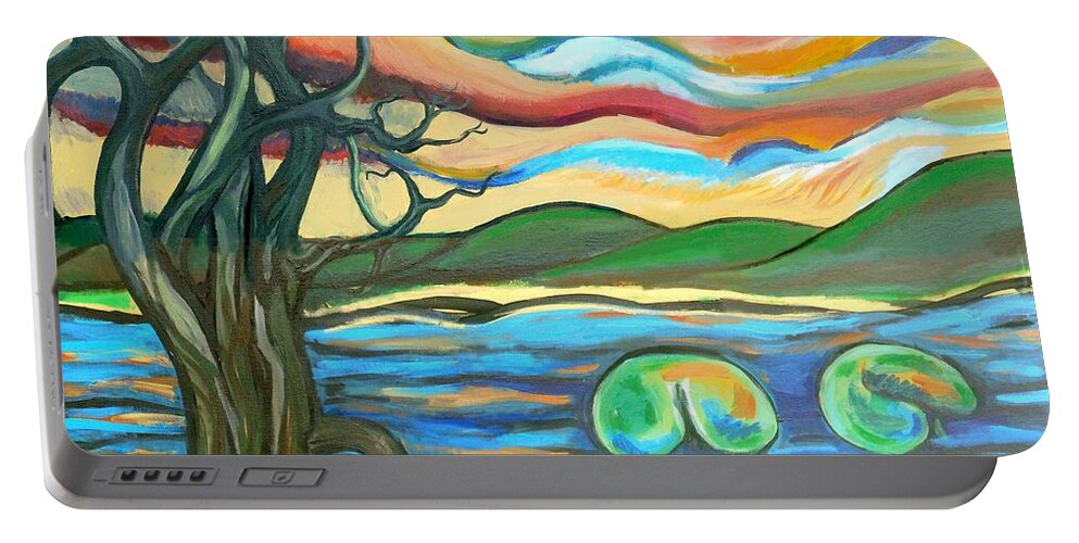 Tree Portable Battery Charger featuring the painting Tree And Lilies At Sunrise by Genevieve Esson