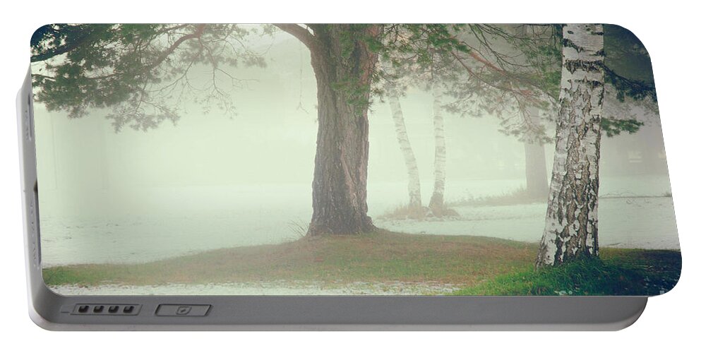 Atmospheric Portable Battery Charger featuring the photograph Trees in fog by Silvia Ganora