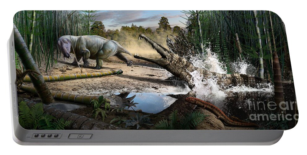 Dinosaur Portable Battery Charger featuring the digital art Triassic mural 1 by Julius Csotonyi