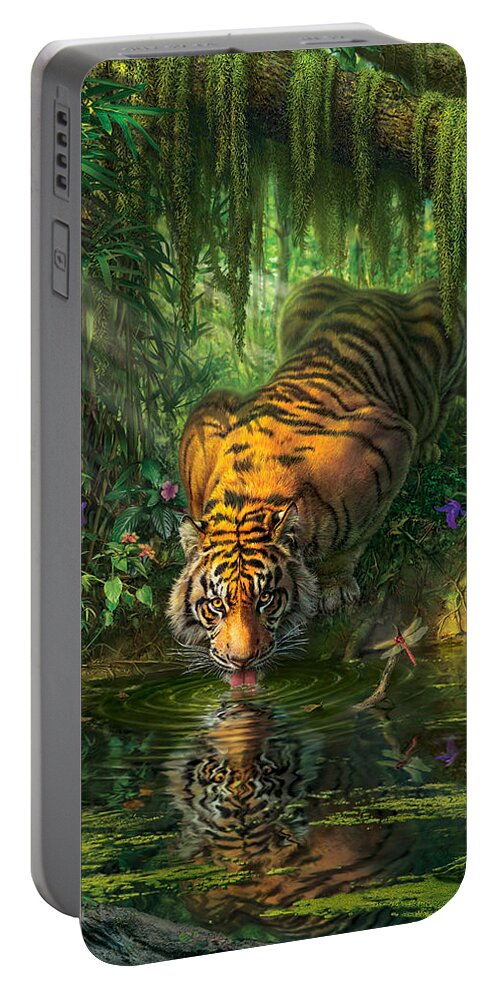 Bambootiger Dragonfly Butterfly Bengal Tiger India Rainforest Junglefredrickson Snail Water Lily Orchid Flowers Vines Snake Viper Pit Viper Frog Toad Palms Pond River Moss Tiger Paintings Jungle Tigers Tiger Art Portable Battery Charger featuring the digital art Aurora's Garden by Mark Fredrickson