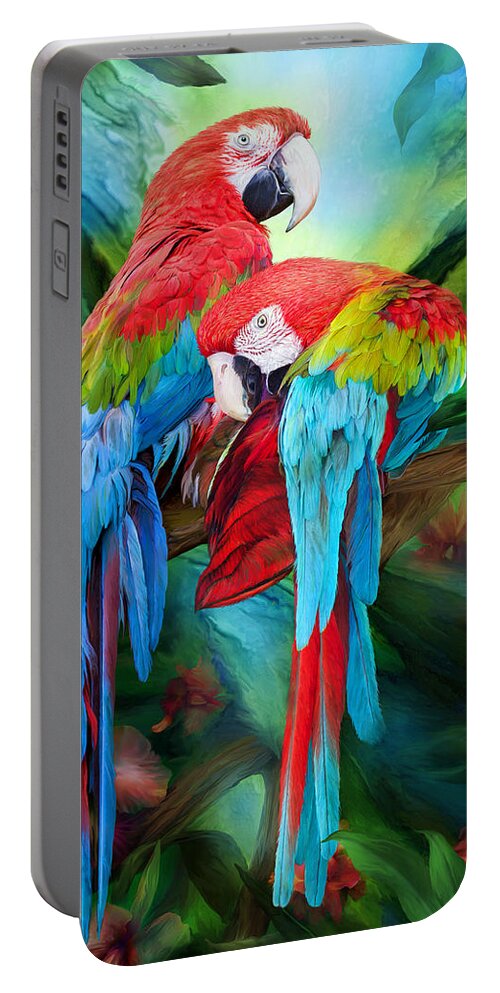 Macaw Portable Battery Charger featuring the mixed media Tropic Spirits - Macaws by Carol Cavalaris