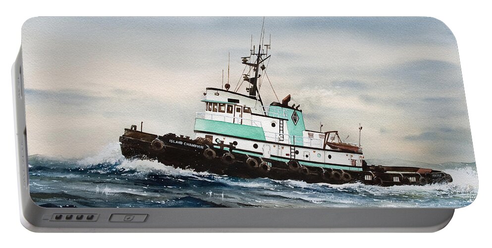 Tugs Portable Battery Charger featuring the painting Tugboat ISLAND CHAMPION by James Williamson