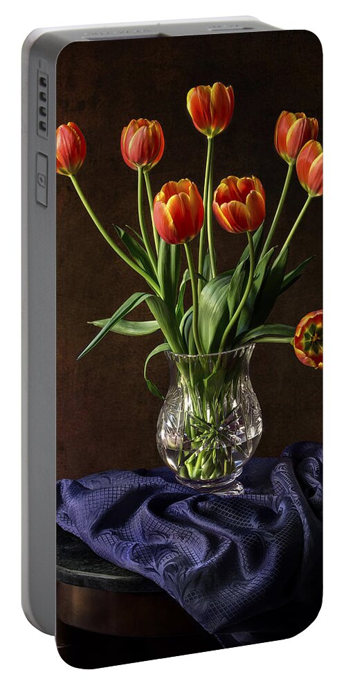 Vase Portable Battery Charger featuring the photograph Tulips In A Crystal Vase by Endre Balogh