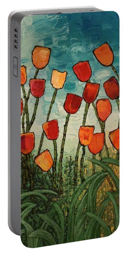 Red Portable Battery Charger featuring the painting Tulips by Linda Bailey