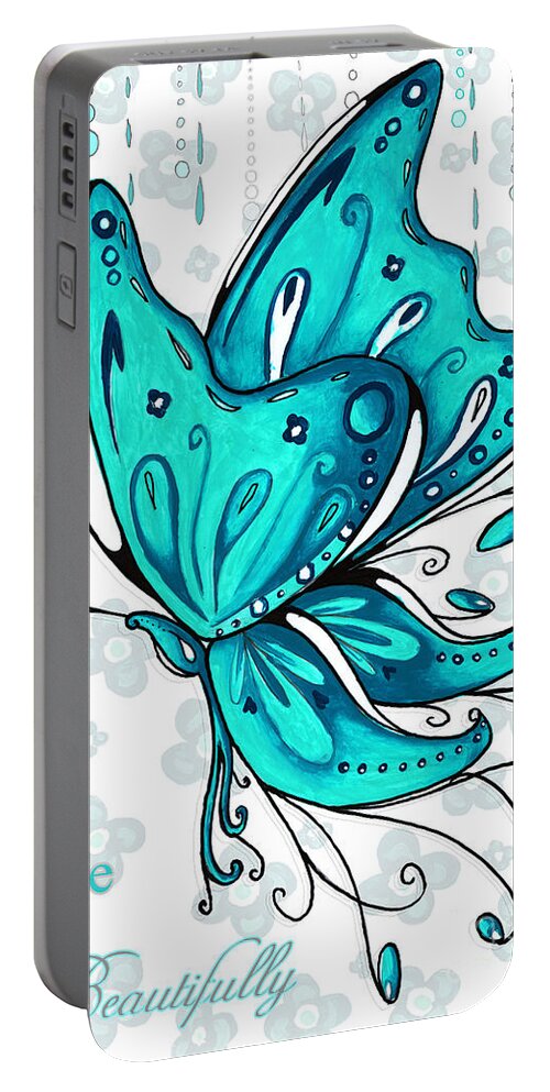 Butterfly Portable Battery Charger featuring the painting Turquoise Aqua Butterfly and Flowers Inspirational Painting Design Megan Duncanson Live Beautifully by Megan Duncanson