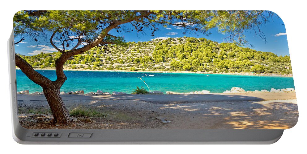 Murter Portable Battery Charger featuring the photograph Turquoise pine tree beach of Croatia by Brch Photography