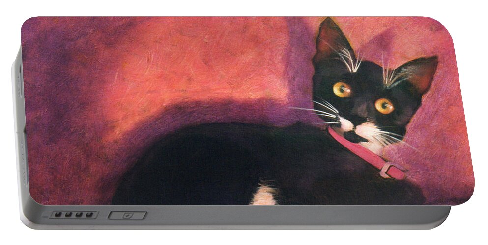 Cat Portable Battery Charger featuring the painting Tux by Blue Sky