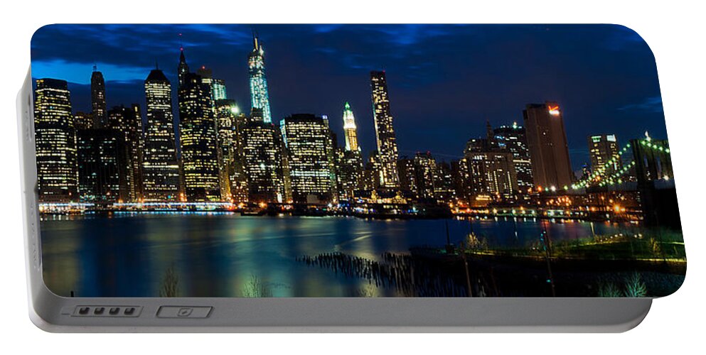 Amazing Brooklyn Bridge Photos Portable Battery Charger featuring the photograph Twilight NYC Panorama by Mitchell R Grosky