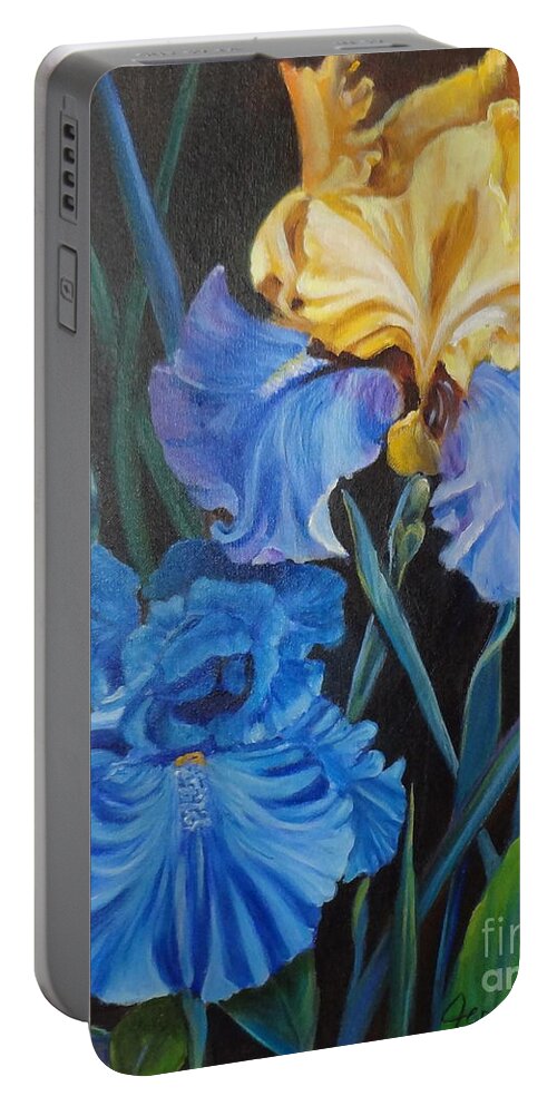 Blue Iris Portable Battery Charger featuring the painting Two Fancy Iris by Jenny Lee