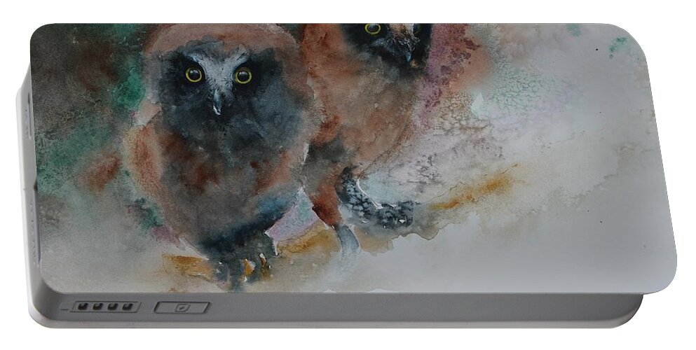 Owls Portable Battery Charger featuring the painting Two Hoots by Ruth Kamenev