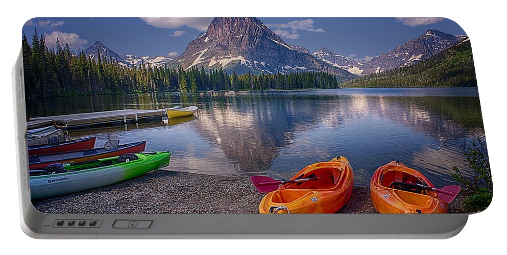 Kayak Portable Battery Charger featuring the photograph Two Medicine Lake Reflections by Priscilla Burgers