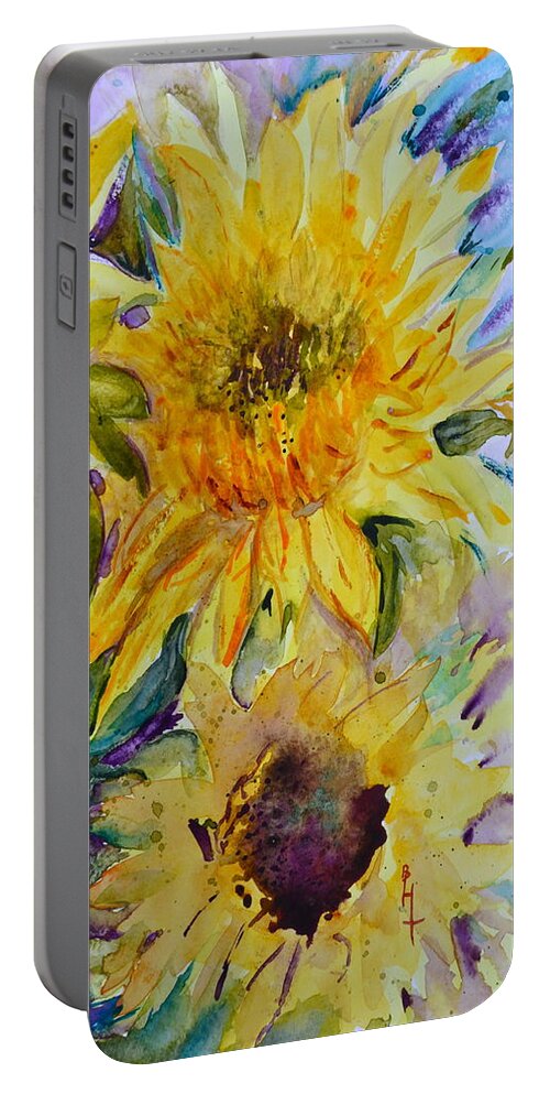Yellow Portable Battery Charger featuring the painting Two Sunflowers by Beverley Harper Tinsley