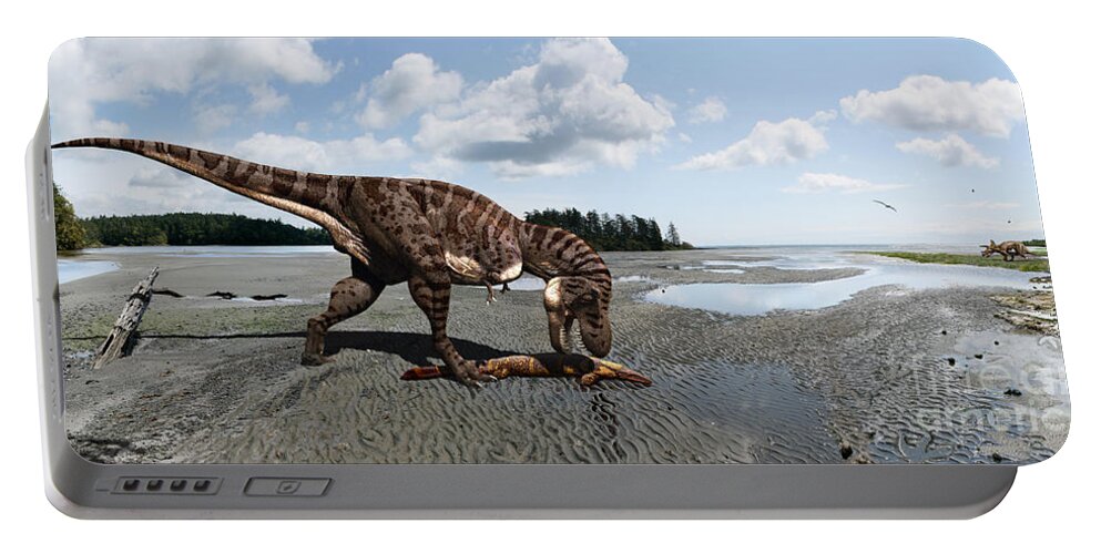 Dinosaur Portable Battery Charger featuring the digital art Tyrannosaurus enjoying seafood - wide format by Julius Csotonyi
