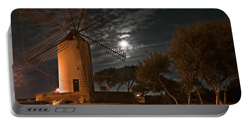 Architecture Portable Battery Charger featuring the photograph Vintage Windmill in Es Castell Villacarlos George Town in Minorca - Under the moonlight by Pedro Cardona Llambias