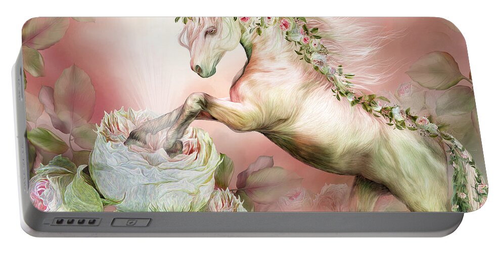 Unicorn Portable Battery Charger featuring the mixed media Unicorn And A Rose by Carol Cavalaris