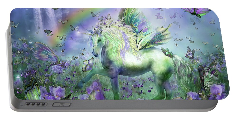 Unicorn Portable Battery Charger featuring the mixed media Unicorn Of The Butterflies by Carol Cavalaris