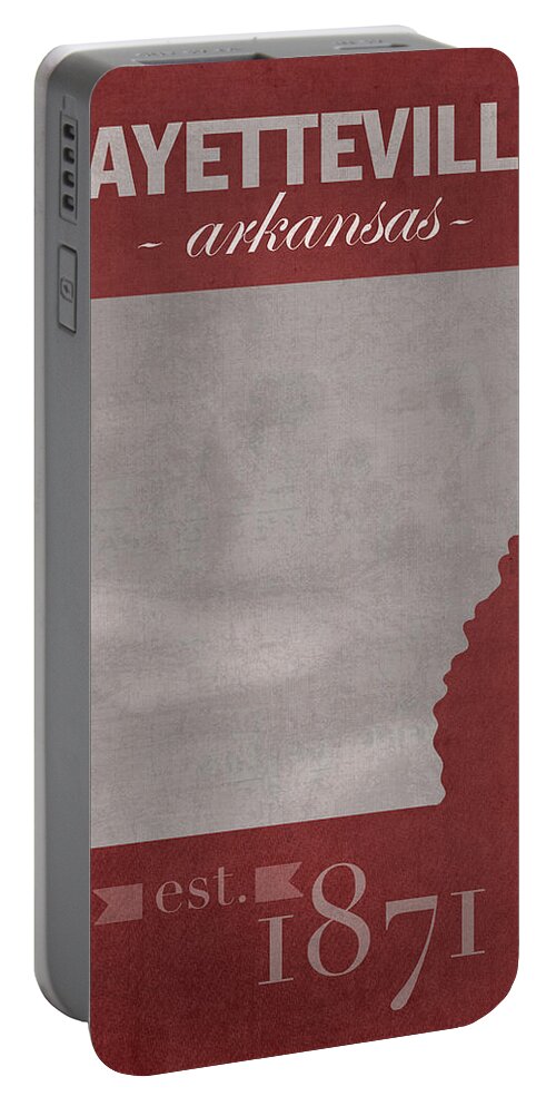 University Of Arkansas Portable Battery Charger featuring the mixed media University of Arkansas Razorbacks Fayetteville College Town State Map Poster Series No 013 by Design Turnpike