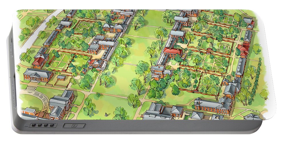 Uva Portable Battery Charger featuring the painting University of Virginia Academical Village by Maria Rabinky