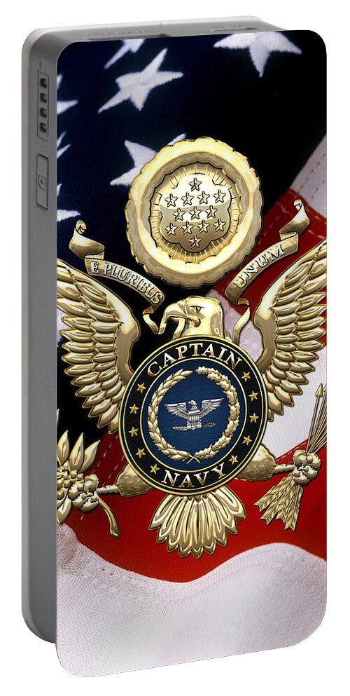 'military Insignia And Heraldry' Collection By Serge Averbukh Portable Battery Charger featuring the digital art U. S. Navy Captain - C A P T Rank Insignia over Gold Great Seal Eagle and Flag by Serge Averbukh