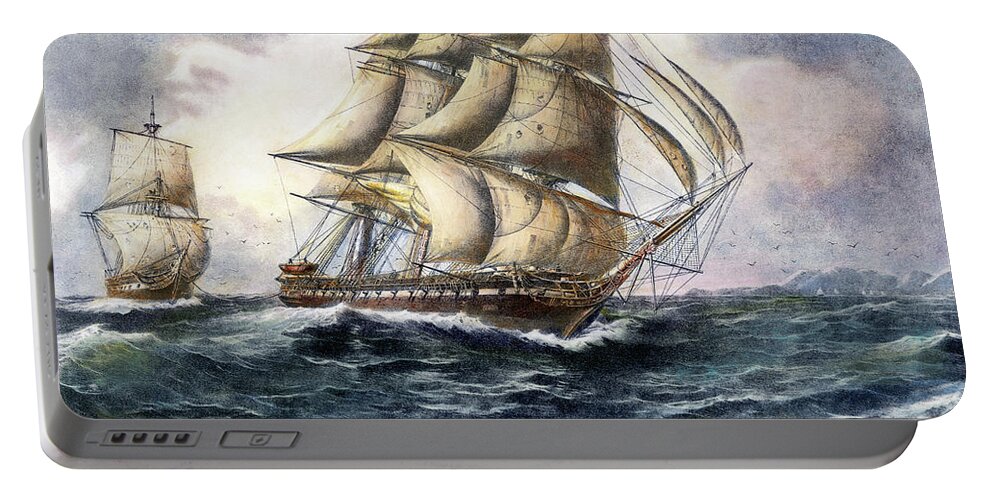 1815 Portable Battery Charger featuring the painting Uss Constitution, 1815 by Edward Mueller
