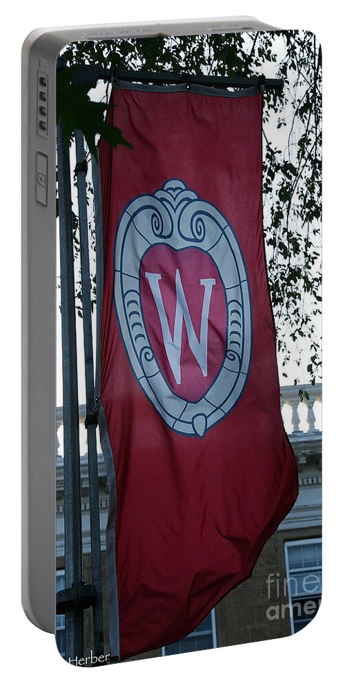 University Wisconsin Portable Battery Charger featuring the photograph UW Flag by Susan Herber