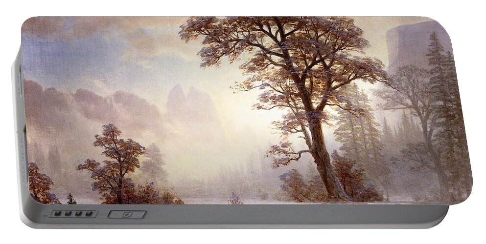 Albert Bierstadt Portable Battery Charger featuring the painting Valley of the Yosemite Snow Fall by Albert Bierstadt