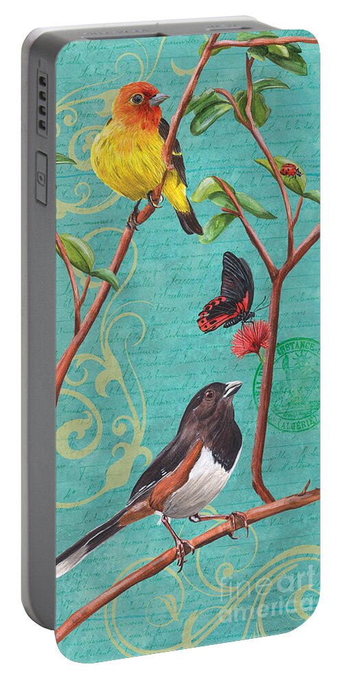 Bird Portable Battery Charger featuring the painting Verdigris Songbirds 2 by Debbie DeWitt