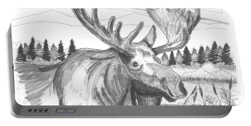 Vermont Bull Moose Portable Battery Charger featuring the drawing Vermont Bull Moose by Richard Wambach